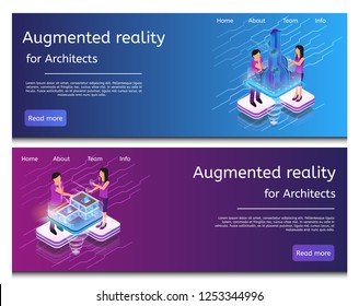 Isometric Illustration Virtual Building Design. Banner Set Image Augmented Reality For Architects. Group Architect Are Designing Futuristic Layout Raging City Building. House Modern Metropolis