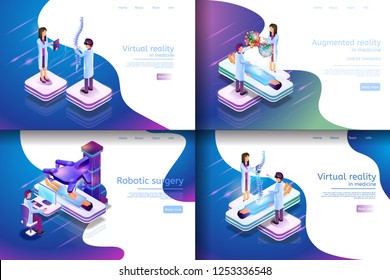 Isometric Illustration Virtual Medical Research. Banner Set Image Virtual Reality in Medicine, Robotic Surgery, Augmented Reality in Medicine. Group Doctor Engaged in Medical Study.