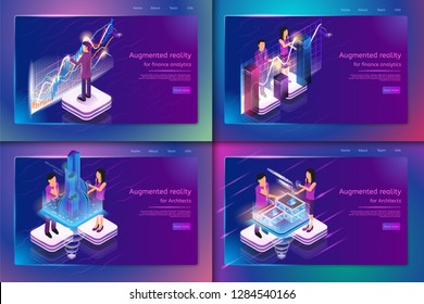 Isometric Illustration Virtual Reality in Business. Banner Set Image Augmented Reality for Finance Analytics, for Architects. Group Architect Designing Future Building. People Broker Analyze Financial