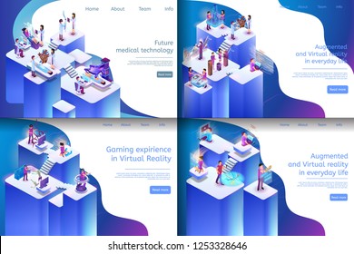 Isometric Illustration Virtual Reality Processes. Banner Set Image Future Medical Technology, Gaming Expirience in Virtual Reality, Augmented and Virtual Reality in Everyday Life.