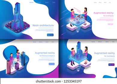 Isometric Illustration Virtual Reality Processes. Banner Set Image Neon Architecture, Augmented Reality for Finance Analytics, Augmented Reality for Architect, Architectural Project