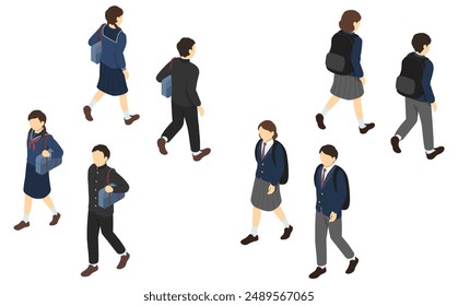 Isometric illustration: walking student set