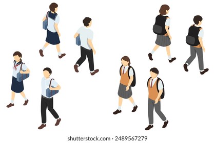 Isometric illustration: walking student set (summer)