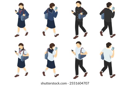 Isometric illustration: Walking while using smartphone (junior high school student)