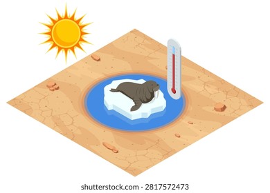 Isometric illustration of a walrus stranded on a small melting ice floe in a dry landscape beside a high thermometer, symbolizing climate change, habitat loss and polar ecosystem danger