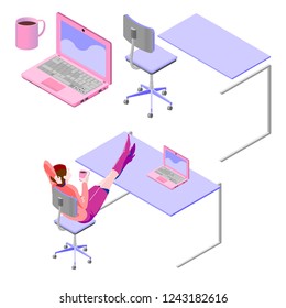 Isometric illustration for web design in vector format. The girl in the office sits on a chair legs on the table.