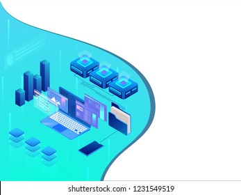 Isometric illustration of web servers with laptop and essential business equipments on abstract background for data management concept.