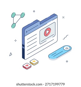 Isometric Illustration of a Webpage with Video Player and Social Media Interactions
