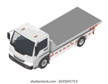 Isometric illustration of a white flatbed tow truck with striped safety markings, isolated on white background for transportation and roadside assistance concepts