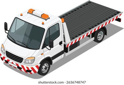 Isometric illustration of a white flatbed tow truck with striped safety markings, isolated on white background for transportation and roadside assistance concepts