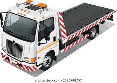 Isometric illustration of a white flatbed tow truck with striped safety markings, isolated on white background for transportation and roadside assistance concepts