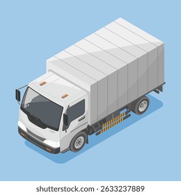 Ilustração isométrica de um caminhão caixa branca de tamanho médio com compartimento de carga fechado mostrado no fundo azul para entrega e conceito de logística