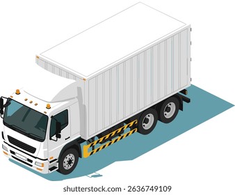 Isometric illustration of a white medium sized box truck with closed cargo compartment shown on blue background for delivery and logistics concept