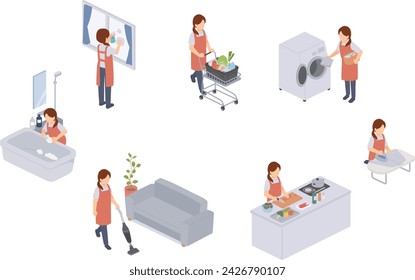 Isometric illustration of a woman in an apron doing housework