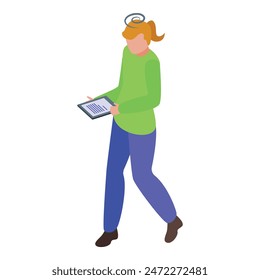 Isometric illustration of a woman in casual attire walking and using a tablet computer