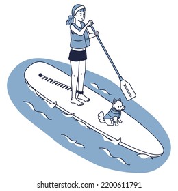 It is an isometric illustration of a woman and her dog enjoying SUP in the sea.