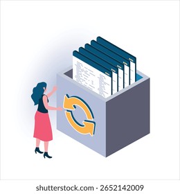 Ilustração isométrica de uma mulher interagindo com uma caixa de documentos da Web empilhados e um ícone de atualização — ideal para conteúdo sobre reciclagem de dados, gerenciamento de documentos, automação de fluxo de trabalho e atualização de conteúdo 