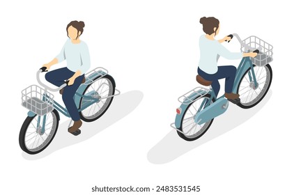 Isometric illustration: woman riding a bicycle