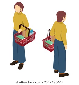 Ilustração isométrica: mulher com carrinho de compras