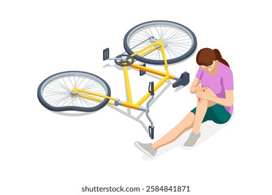 An isometric illustration of a woman sitting on the ground next to a crashed yellow bicycle, holding her injured knee.