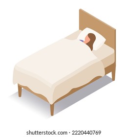 Isometric illustration of a woman sleeping in bed.