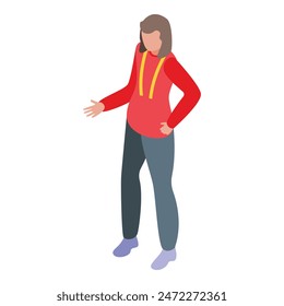 Isometric illustration of a woman standing with one hand extended, wearing casual clothes