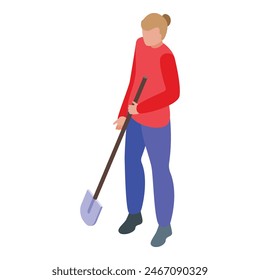 Isometric illustration of a woman standing with a shovel, poised to start digging