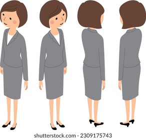 It is an isometric illustration of a woman in a suit.