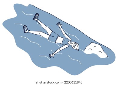 It is an isometric illustration of a woman wearing a sauna hat that floats comfortably in a cold river.