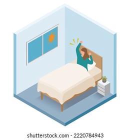 It is an isometric illustration of a woman who can wake up refreshed in the morning.