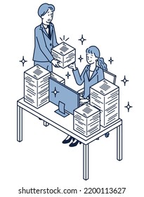 It is an isometric illustration of a woman who finishes a lot of work and a man who brings a lot of work.