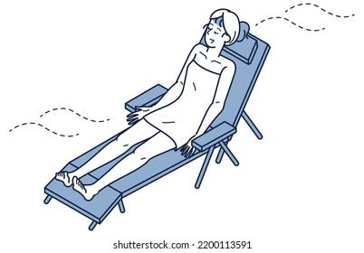 It is an isometric illustration of a woman who takes a water bath after the sauna and sits on a chair outside to enjoy the outside air bath.