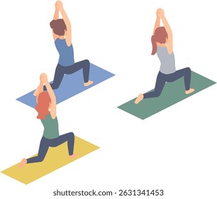 Isometric illustration of women doing yoga