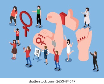 Ilustração isométrica do empoderamento feminino, feminismo e ilustração vetorial 3d do movimento pela igualdade de gênero