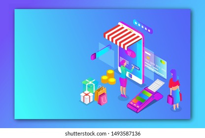 Isometric illustration of women online shopping from smartphone with POS machine, coin stack and gift boxes on blue background. - Shutterstock ID 1493587136