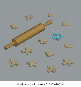 isometric illustration, wooden kitchen rolling pin, metal cookie cutter mold with blue edging, dough cookies on the table