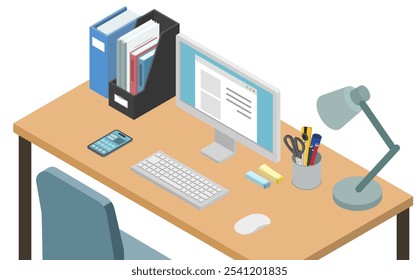 Ilustración isométrica: escritorio de trabajo para trabajar en una computadora