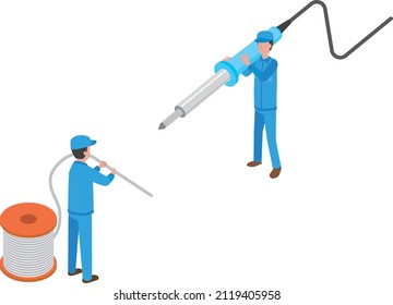 Isometric illustration of a worker doing soldering work