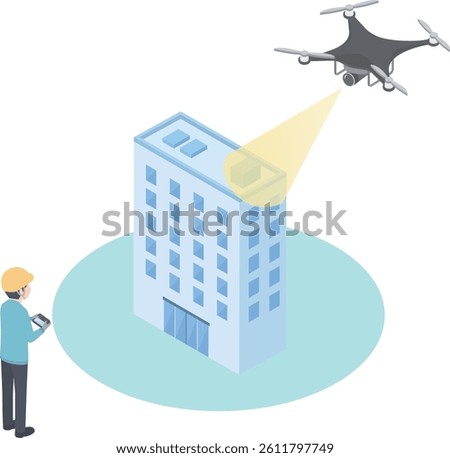 Isometric illustration of a worker inspecting a building using a drone