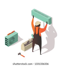 Isometric illustration with worker installing air conditioner