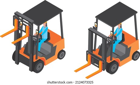 Isometric illustration of a worker operating a forklift