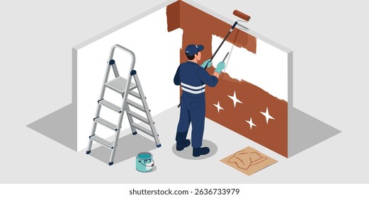 Isometric illustration of a worker painting an interior wall brown during home renovation with ladder paint bucket and protective floor covering
