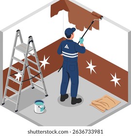 Isometric illustration of a worker painting an interior wall brown during home renovation with ladder paint bucket and protective floor covering
