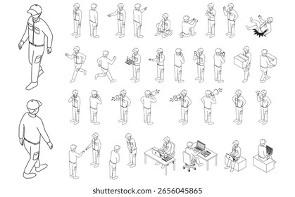 Isometrische Illustration: Arbeiter-Set-Umriss männlich
