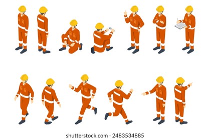 Isometric illustration: worker wearing orange work clothes