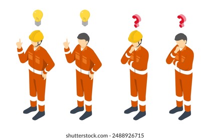 Isometric illustration: A worker who has an idea, a worker who thinks (orange cloth)