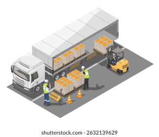 Isometric illustration of workers loading food cargo into a freight truck with forklift and safety cones, representing international import and export logistics