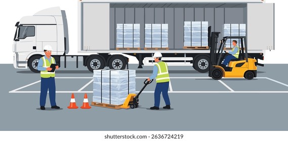 Isometric illustration of workers loading food cargo into a freight truck with forklift and safety cones, representing international import and export logistics
