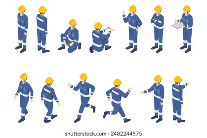 Isometric illustration: workers wearing jumpsuits 1