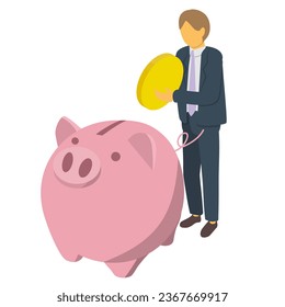 Isometric illustration of a working man putting coins into a piggy bank. Image of investment and savings.